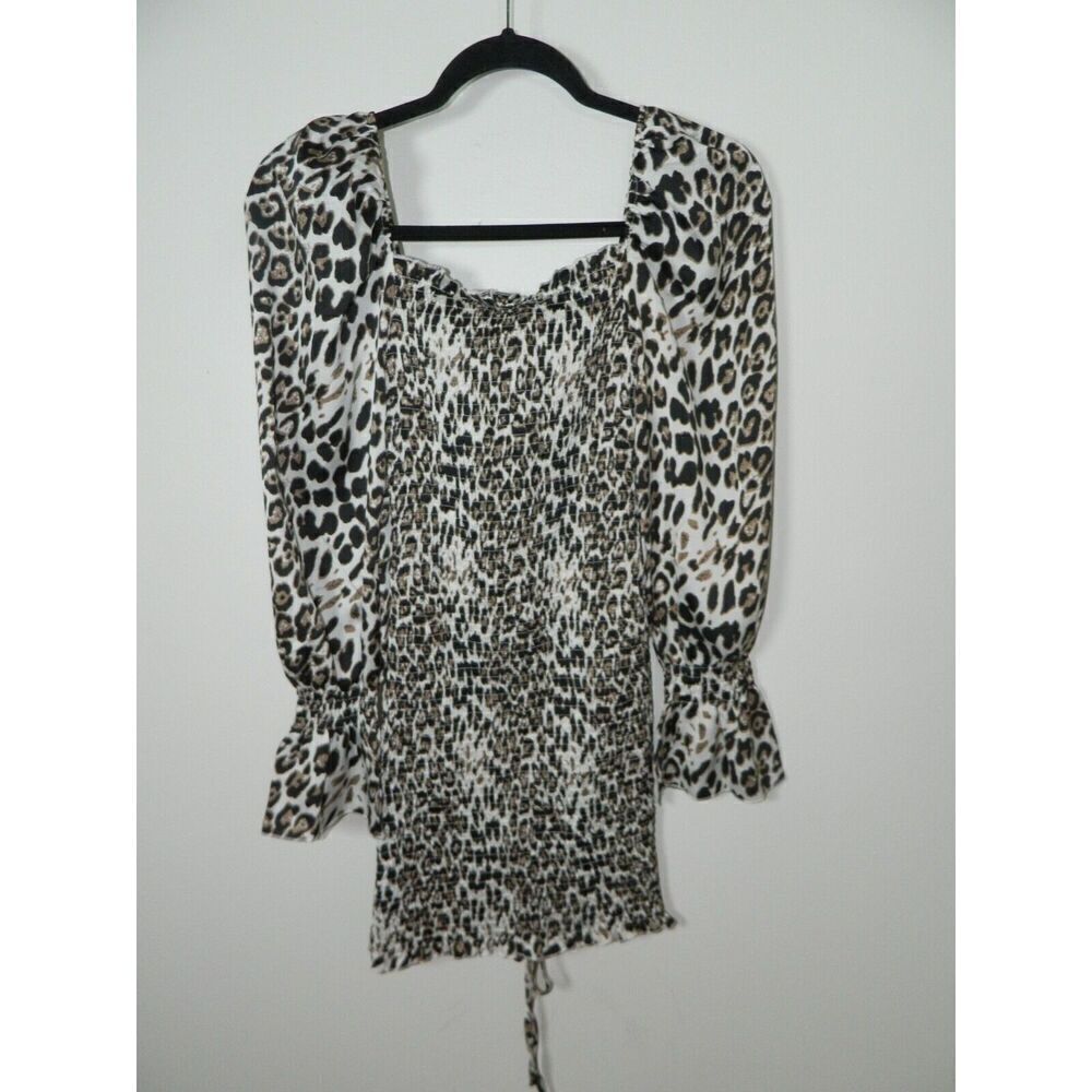 O. Vianca Dress Size Small‎ Brown Animal Print Smocked Cinched Long Sleeve